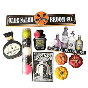 Halloween Witchy Decor Bundle Olde Salem Signs Potions Pumpkins Ornaments Book